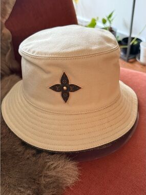 Louis Vuitton Beige Canvas Bucket Hat with Monogram Flower Accent